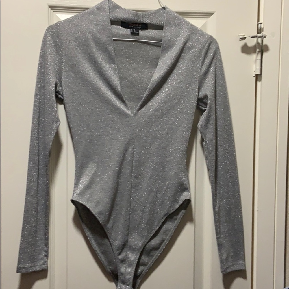 Silver Plunging Long Sleeve Bodysuit